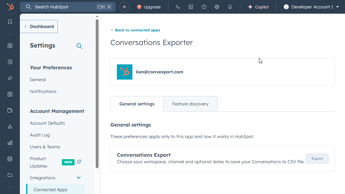 Access Conversations Export from the app settings.