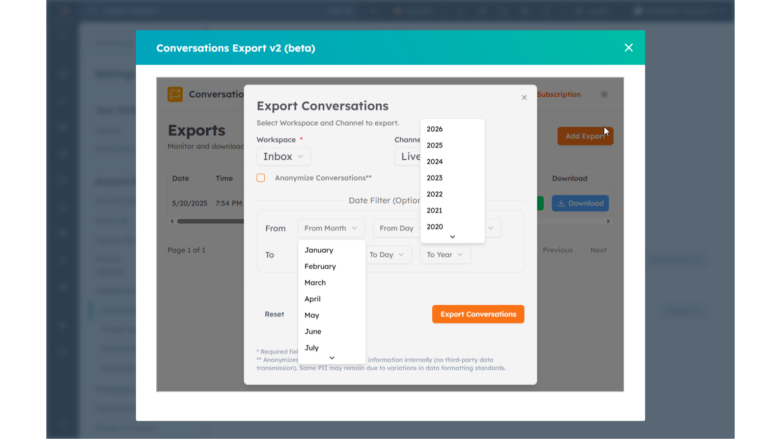 Limit the start and end of your export by year, month and day.